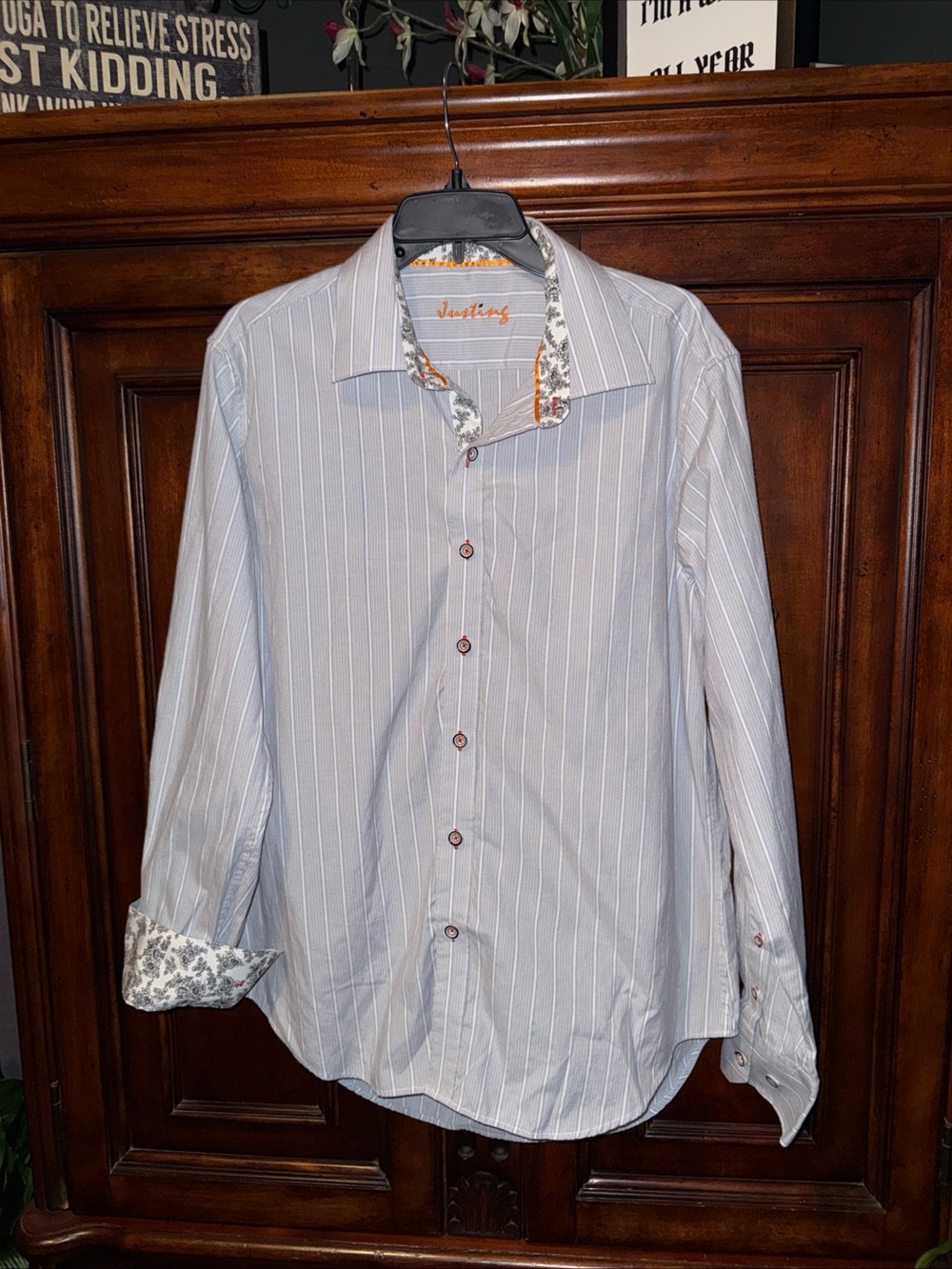 Justing Light Blue Pinstripe Shirt with Floral Trim